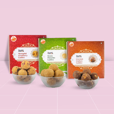 Guilt-Free Laddoo Trio - Besan Pistachio, Moongdal Cranberry, Coconut Cashew (750g)